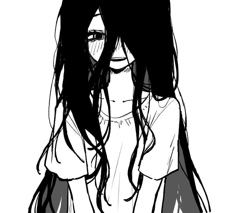 1girl :d blush collarbone greyscale hair_over_one_eye high_contrast looking_at_viewer mari_(faraway)_(omori) mari_(omori) messy_hair monochrome omori one_eye_covered open_mouth rou_(h_s_sinrin) shirt short_sleeves simple_background smile solo spoilers teeth upper_body upper_teeth_only white_background