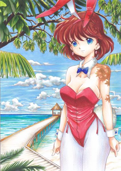 1girl animal_ears beach blue_eyes bow bowtie brown_hair daicon daicon_bunny_girl daicon_iv day detached_collar fake_animal_ears female_focus leotard pantyhose playboy_bunny rabbit_ears rabbit_tail short_hair solo standing tail tomoeri wrist_cuffs
