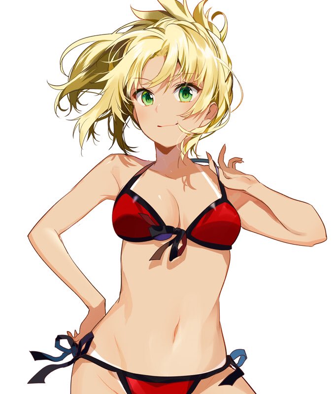 1girl bare_arms bikini blonde_hair breasts cleavage cowboy_shot fate/apocrypha fate_(series) female_focus front-tie_bikini_top front-tie_top green_eyes halterneck hand_on_own_hip looking_at_viewer medium_breasts mordred_(fate) mordred_(fate/apocrypha) mordred_(swimsuit_rider)_(fate) mordred_(swimsuit_rider)_(first_ascension)_(fate) ponytail red_bikini short_ponytail side-tie_bikini_bottom simple_background smile solo swimsuit tan tanline white_background yuzuki_kihiro