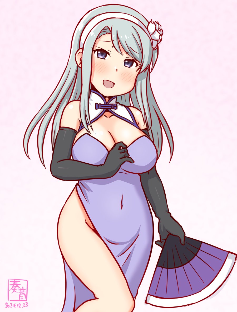 1girl artist_logo black_gloves blush breasts china_dress chinese_clothes cleavage cowboy_shot dress elbow_gloves folding_fan gloves grey_hair hairband hand_fan kanon_(kurogane_knights) kantai_collection logo long_hair looking_at_viewer medium_breasts open_mouth pelvic_curtain purple_background purple_eyes sagiri_(kancolle) smile solo