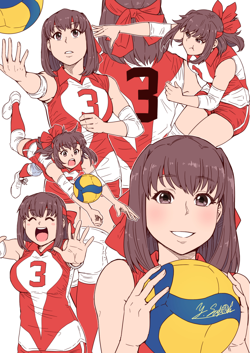 1girl :d :t arm_up artist_name ball brown_eyes brown_hair closed_eyes closed_mouth commentary dive elbow_pads frown girls_und_panzer grin headband highres knee_pads kondou_taeko looking_at_viewer medium_hair multiple_views open_mouth red_headband red_shirt red_shorts red_socks satou_yasu shirt shoes short_shorts shorts signature simple_background single_vertical_stripe sleeveless sleeveless_shirt smile sneakers socks spiking sportswear standing volleyball volleyball_(object) volleyball_uniform white_background white_footwear