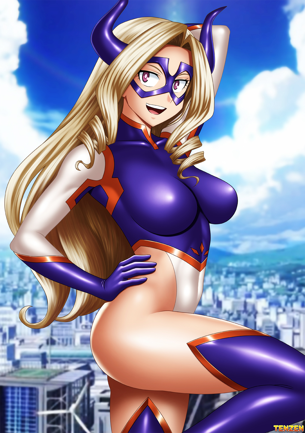 1girl arm_up blonde_hair boku_no_hero_academia breasts city collarbone commentary_request from_behind hand_on_own_hip heattech_leotard highleg highleg_leotard highres horns large_breasts leg_up leotard long_hair looking_at_viewer mask mount_lady open_mouth purple_eyes ribs sleeved_leotard smile teeth tenzen_(netspike) thighhighs tongue turtleneck very_long_hair