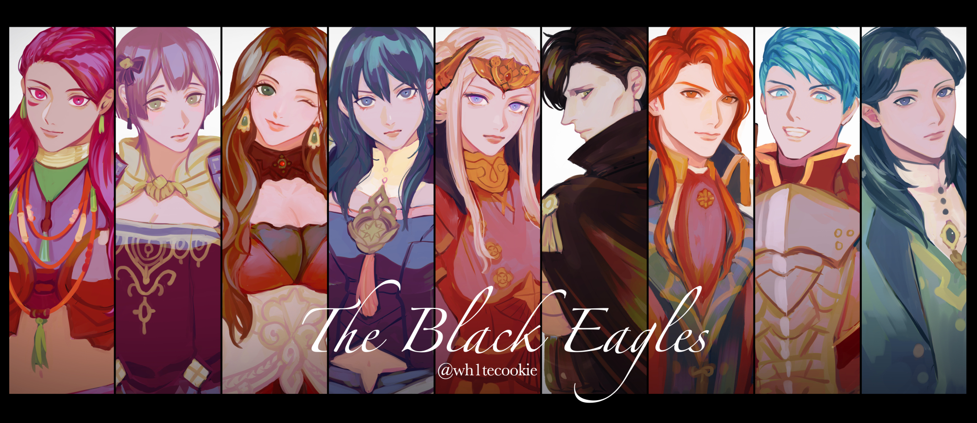 4boys 5girls armor artist_name bernadetta_von_varley bernadetta_von_varley_(timeskip) black_cape black_hair blue_hair braid brown_hair female_byleth_(fire_emblem) cape caspar_von_bergliez caspar_von_bergliez_(timeskip) dorothea_arnault dorothea_arnault_(timeskip) dress earrings edelgard_von_hresvelg edelgard_von_hresvelg_(timeskip) english_text ferdinand_von_aegir ferdinand_von_aegir_(timeskip) fire fire_emblem fire_emblem:_three_houses green_hair highres horn_ornament horns hubert_von_vestra hubert_von_vestra_(timeskip) jewelry linhardt_von_hevring linhardt_von_hevring_(timeskip) looking_at_viewer multiple_boys multiple_girls nintendo one_eye_closed orange_hair petra_macneary petra_macneary_(timeskip) purple_hair red_dress red_hair twitter_username wh1tecookie white_hair
