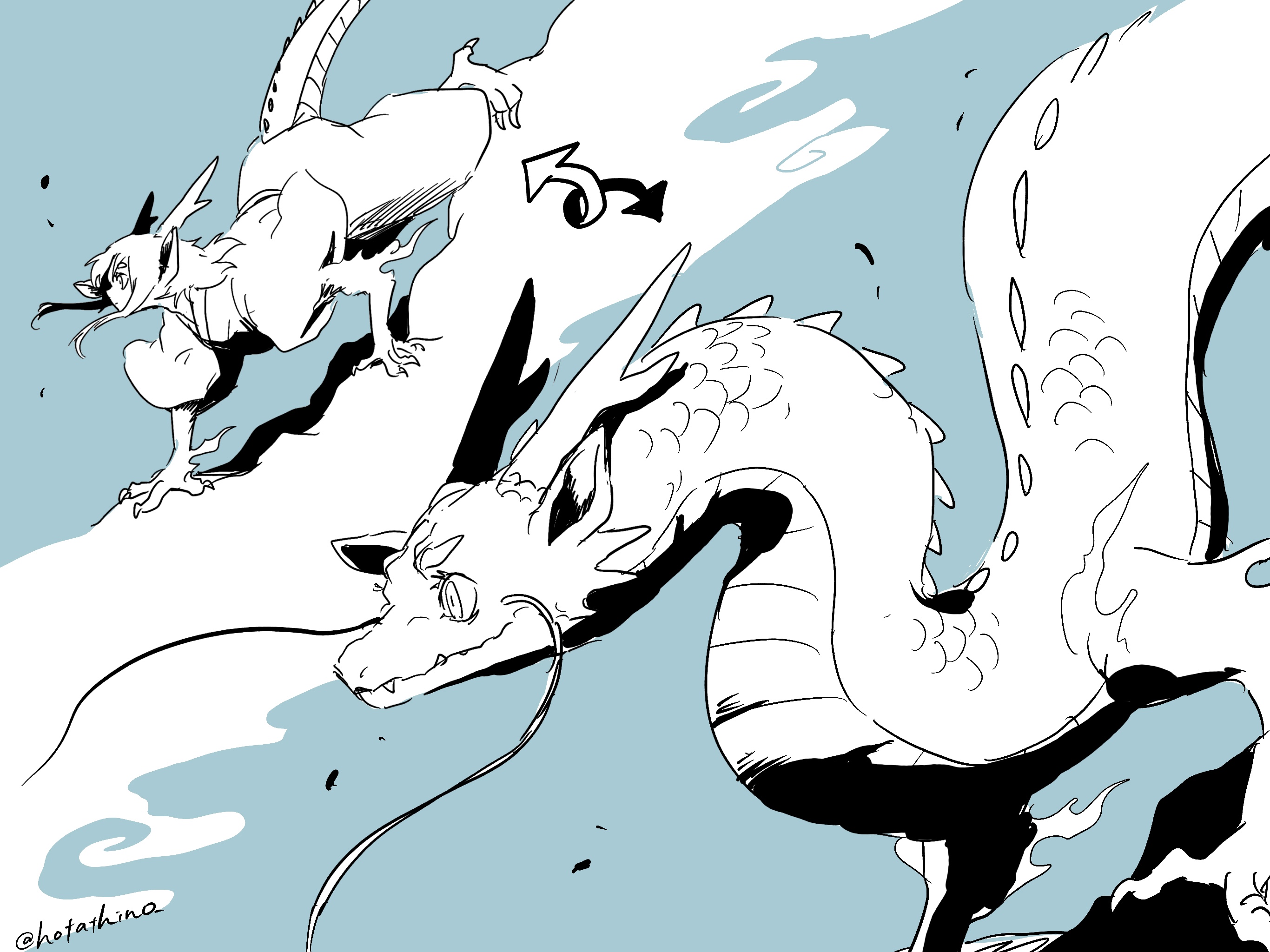1boy all_fours animal_ears animal_feet animal_hands blue_background blue_theme claws commentary_request dragon dragon_boy dragon_ears dragon_horns dragon_tail dual_persona eastern_dragon eastern_dragon_horns eastern_dragon_tail greyscale_with_colored_background highres horns hotathino japanese_clothes kimono long_hair male_focus monster_boy original simple_background solo tail wind