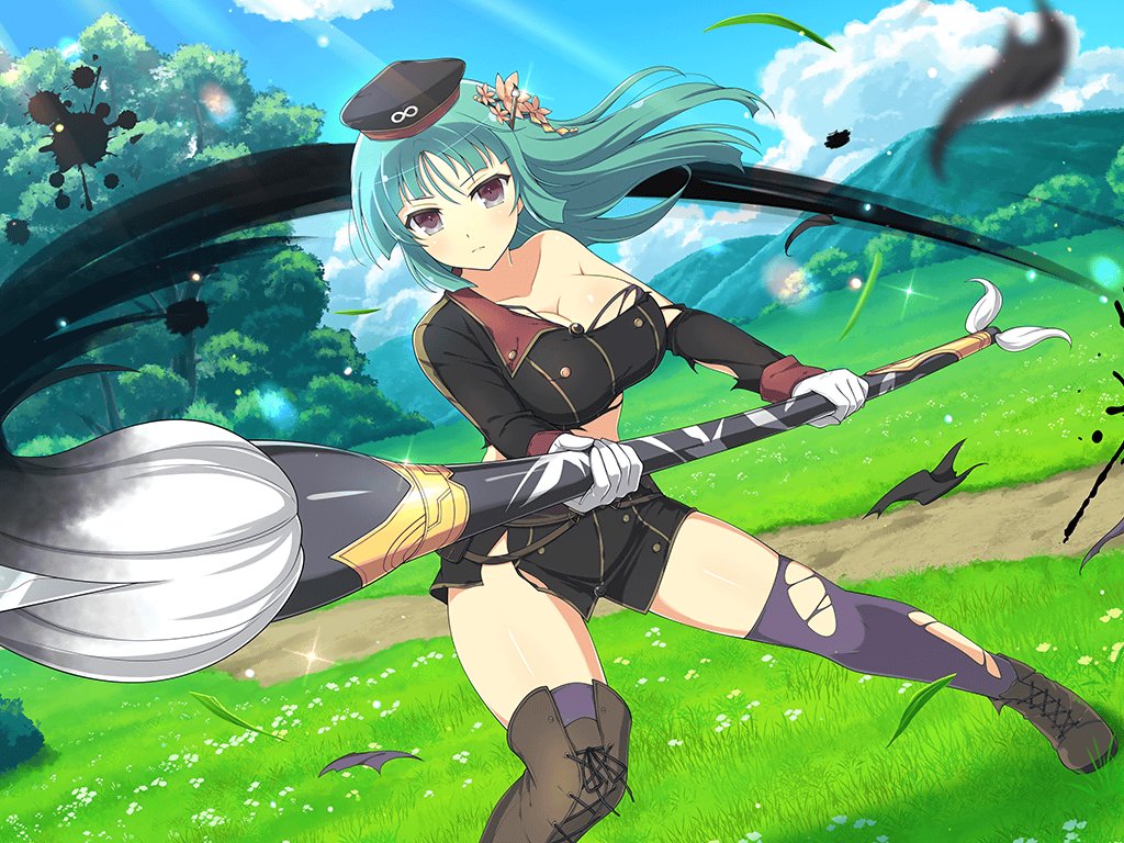 1girl attack bare_shoulders bashou_(senran_kagura) belt_pouch blade_of_grass blunt_bangs blunt_ends blunt_sidelocks blunt_tresses blush body_blush breasts bush calligraphy_brush cleavage collarbone cross-laced_footwear dandelion day flower giant_brush glaive_(polearm) gloves grass green_hair hair_flower hair_ornament hat hebijo_academy_school_uniform holding holding_calligraphy_brush holding_paintbrush holding_polearm holding_weapon infinity_symbol ink inkblot large_breasts lens_flare light_particles light_rays long_hair looking_at_viewer military_hat military_uniform mountain mountainous_horizon official_alternate_costume official_art outdoors paintbrush paintbrush_hair_ornament path plant polearm pouch purple_eyes purple_thighhighs road school_uniform senran_kagura senran_kagura_new_link senran_kagura_new_wave shiny_skin sidelocks sky solo sparkle standing sunbeam sunlight thighhighs torn_boots torn_clothes torn_sleeve torn_thighhighs tree weapon white_flower white_gloves yaegashi_nan yellow_flower