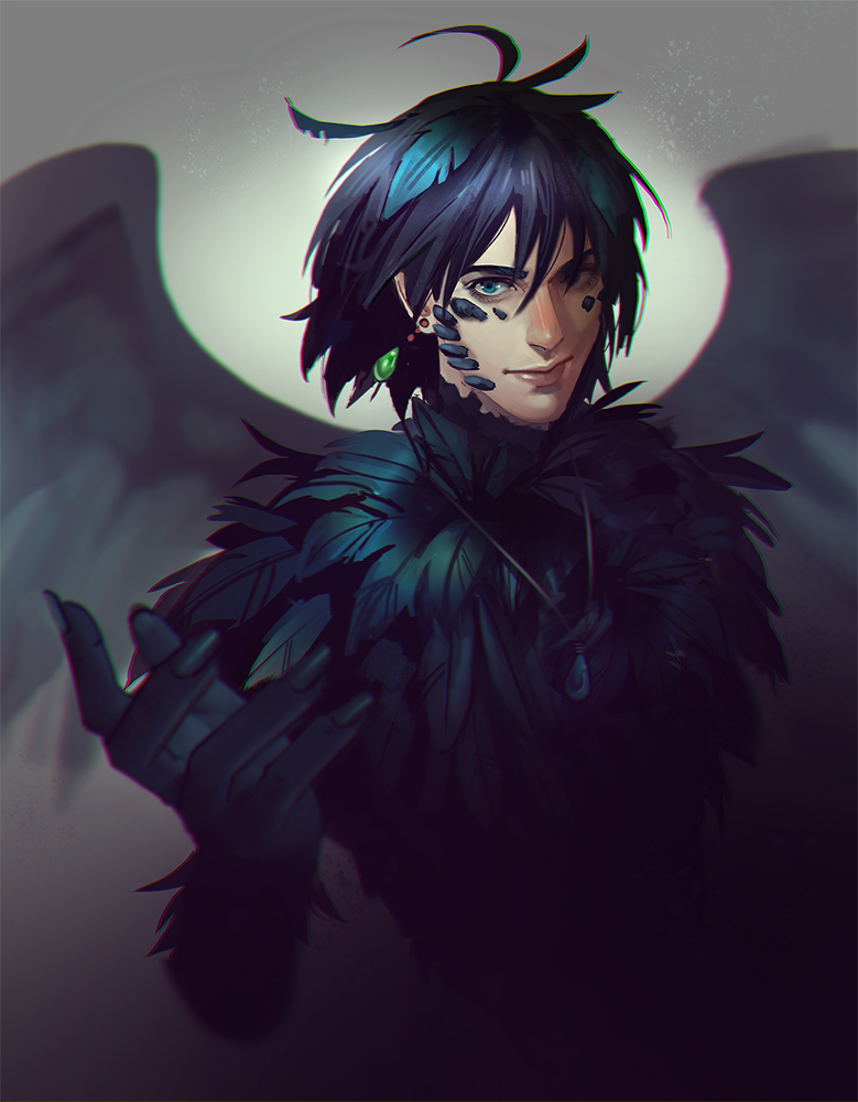 1boy arm_up bird_boy black_feathers blue_eyes closed_mouth commentary earrings english_commentary feather_hair_ornament feathered_wings feathers fingernails hair_between_eyes hair_ornament howl_pendragon howl_no_ugoku_shiro jewelry looking_at_viewer male_focus material_growth messy_hair mistermagnolia monster_boy necklace single_earring solo upper_body wings