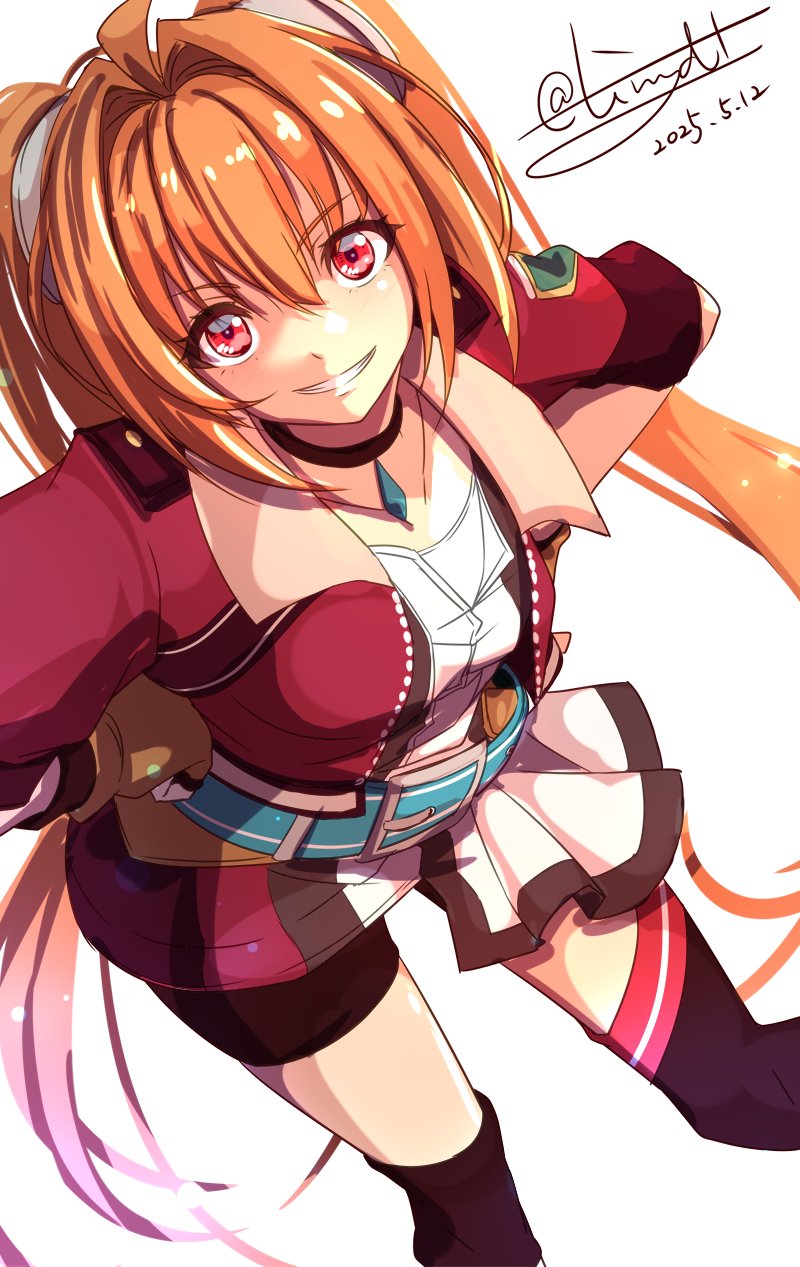 1girl ahoge antenna_hair bike_shorts brown_hair cropped_jacket dated eiyuu_densetsu estelle_bright floating_hair grin hair_between_eyes hair_intakes hands_on_own_hips highres long_hair looking_at_viewer pendant_choker red_eyes short_sleeves shorts signature simple_background skirt smile solo sora_no_kiseki tinybiard twitter_username white_background