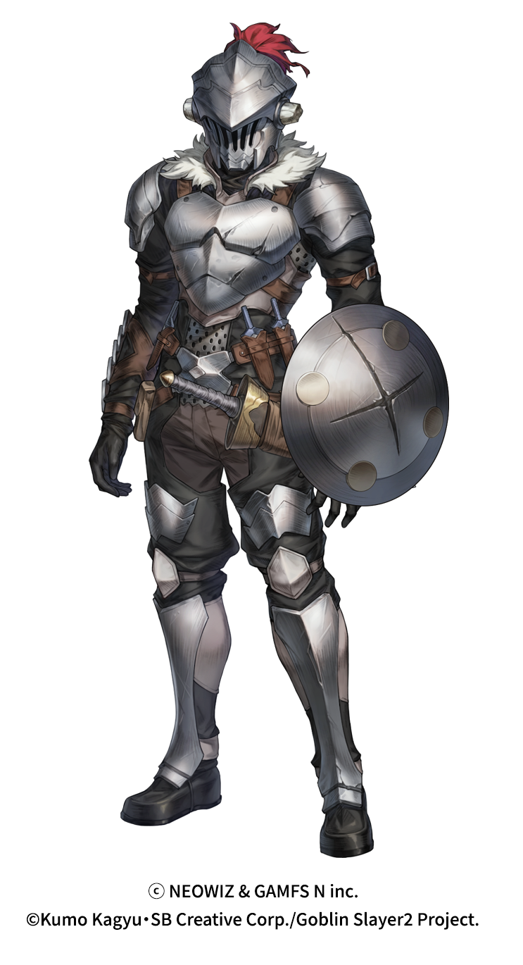 1girl armor belt black_gloves breastplate brown_dust_(series) brown_dust_2 copyright_name dagger full_body gloves goblin_slayer goblin_slayer! helmet highres holding holding_shield kneepits knife looking_at_viewer official_art pauldrons sheath sheathed shield shin_guards shoulder_armor simple_background solo sword weapon white_background