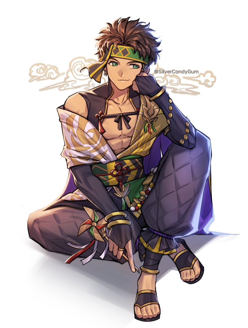 1boy baggy_pants black_gloves black_sandals bracelet bridal_gauntlets brown_hair claude_von_riegan claude_von_riegan_(winds_offered) closed_mouth collar commentary english_commentary fire_emblem fire_emblem:_three_houses fire_emblem_heroes full_body gloves green_eyes hand_on_own_cheek hand_on_own_face headband highres holding holding_pinwheel jewelry looking_to_the_side male_focus nintendo official_alternate_costume open_clothes open_vest pants pectorals pinwheel sandals sash short_hair sideways_glance silvercandy_gum single_bare_shoulder sitting solo toes twitter_username vest white_background