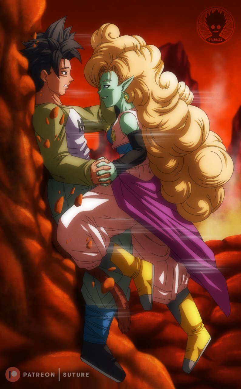 1boy 1girl against_wall artist_name boots breasts colored_skin curly_hair dragon_ball dragonball_z earrings femdom full_body green_skin holding_hands jewelry long_hair looking_at_another medium_breasts orange_hair pants rock sunset suture very_long_hair zangya