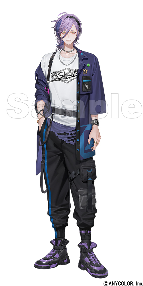 1boy ahoge badge belt black_belt black_hairband black_pants black_ribbon black_shoes bracelet button_badge buttons chain chain_necklace closed_mouth collarbone collared_jacket commentary_request company_name copyright_notice earrings feather_hair_ornament feathers fingernails gold_ring green_eyes hair_between_eyes hair_ornament hairband half_updo hand_in_pocket jacket jewelry looking_at_viewer male_focus medium_hair multicolored_shoes nail_polish necklace nijisanji off_shoulder official_alternate_costume official_art ohayosayonara open_clothes open_jacket pants pocket print_shirt purple_hair purple_jacket purple_shirt purple_shoes ribbon ring sakaki_ness sakaki_ness_(2nd_costume) sample_watermark shirt shoes simple_background sneakers solo swept_bangs tachi-e three-quarter_sleeves torn_clothes torn_shirt two-tone_shoes undershirt virtual_youtuber watermark white_background white_shirt
