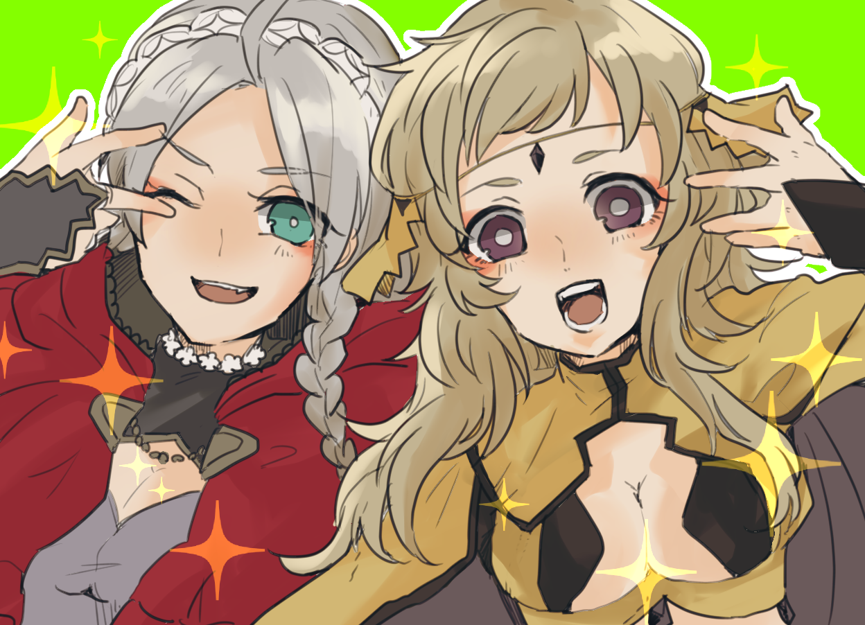 2girls ahoge black_bridal_gauntlets blue_eyes braid breasts bridal_gauntlets capelet circlet fire_emblem fire_emblem_fates gold_cape grey_eyes hairband hood hooded_capelet long_hair looking_at_viewer low_twin_braids low_twintails matumuraaaa medium_breasts multiple_girls nina_(fire_emblem) nintendo one_eye_closed open_mouth ophelia_(fire_emblem) parted_bangs red_hood twin_braids twintails