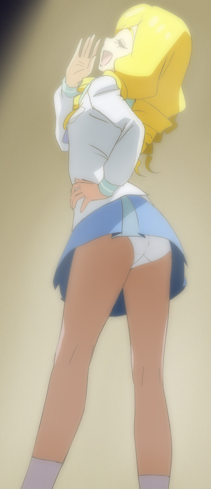1girl blonde_hair blue_skirt closed_mouth drill_hair female_focus hand_on_own_hip haruyama_kazunori himenojou_sakurako long_sleeves mihoshi_middle_school_uniform open_mouth panties pantyshot precure school_uniform screencap shirt skirt smile socks solo standing star_twinkle_precure twin_drills underwear upskirt white_panties white_shirt white_socks