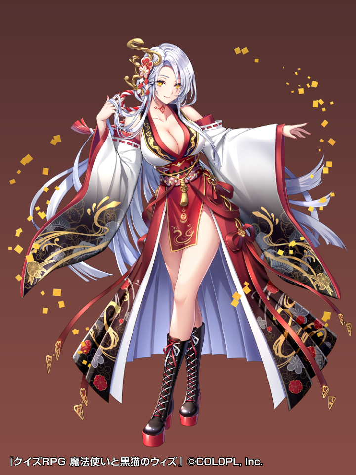 1girl boots breasts brown_background cleavage copyright_name crossed_legs floral_print floral_print_kimono full_body furisode_sleeves hair_ornament hands_up high_heel_boots high_heels japanese_clothes kimono kimono_dress knee_boots kouhaku_nawa lace-up_boots leaning_to_the_side long_hair mahou_tsukai_to_kuroneko_no_wiz milcho mizuchiyo obi official_art pelvic_curtain print_kimono red_nails rope sash shimenawa simple_background smile solo standing tachi-e white_hair yellow_eyes