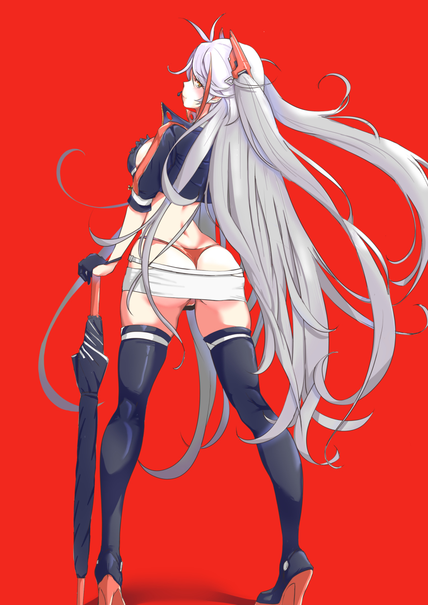 1girl ass azur_lane black_boots black_jacket black_thighhighs black_vest boots braid breasts earpiece full_body gloves hair_ornament half_gloves high_heel_boots high_heels highres holding holding_umbrella jacket large_breasts long_hair looking_back multicolored_hair official_alternate_costume p.i.t.d panties panty_straps prinz_eugen_(azur_lane) prinz_eugen_(final_lap)_(azur_lane) race_queen red_background red_panties sideboob skirt solo streaked_hair thighhighs thighs thong twin_braids twintails umbrella underwear vest whale_tail_(clothing) white_hair white_skirt yellow_eyes