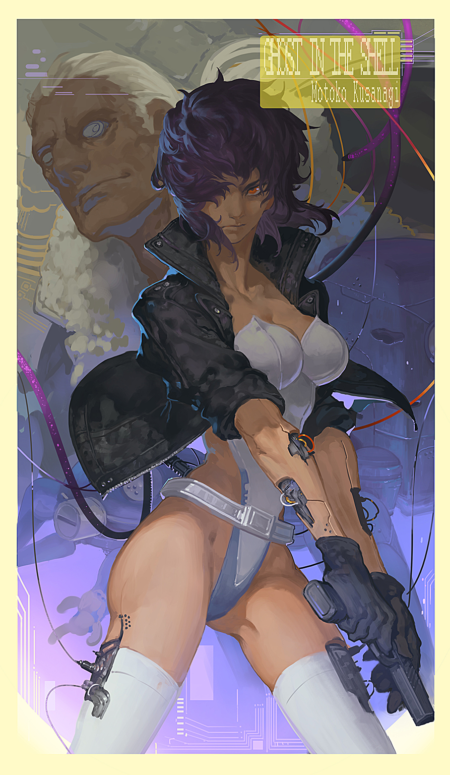 1boy 1girl batou_(gits) circuit_board cyborg ghost_in_the_shell ghost_in_the_shell:_stand_alone_complex gloves gun hair_over_one_eye highres hunsay jacket kusanagi_motoko leotard purple_hair red_eyes tachikoma tube weapon wire
