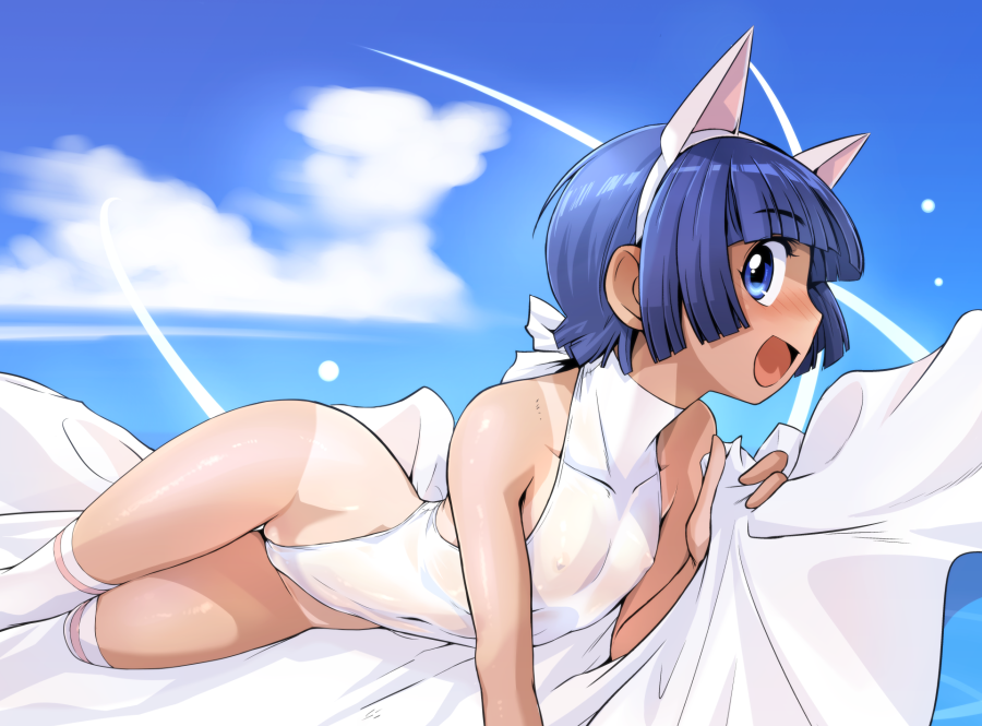 1girl animal_ears bare_shoulders blue_eyes blue_hair blush cloud commentary_request covered_collarbone covered_erect_nipples covered_navel day ez6 fake_animal_ears flat_chest from_side highleg highleg_one-piece_swimsuit one-piece_swimsuit open_mouth original outdoors over-kneehighs profile smile solo swimsuit tan tanline thighhighs white_one-piece_swimsuit white_thighhighs
