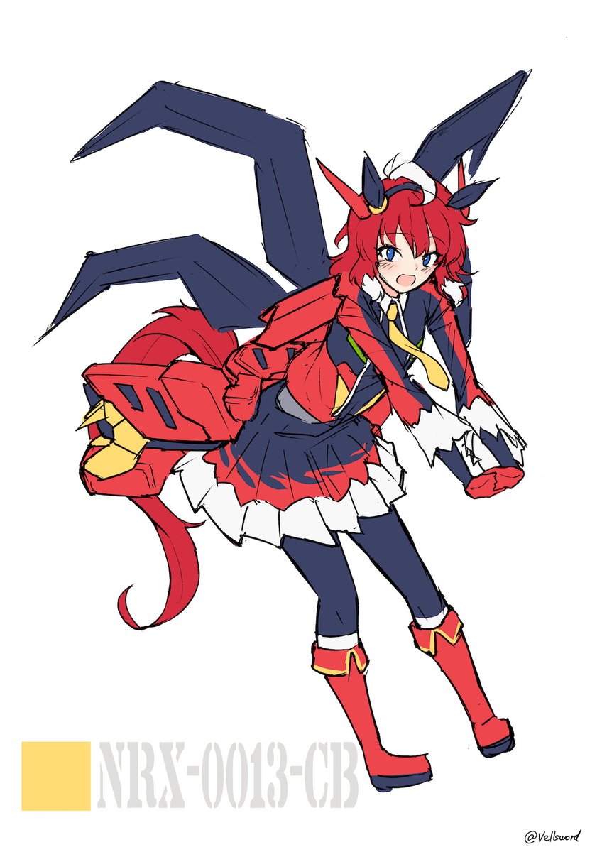 1girl after_war_gundam_x animal_ears black_skirt blue_eyes floating_clothes floating_neckwear gundam gundam_virsago_chest_break highres horse_ears horse_girl horse_tail i.takashi mecha_musume multicolored_skirt necktie open_mouth own_hands_together parody personification red_skirt sketch skirt solo style_parody tail umamusume white_background white_skirt yellow_necktie