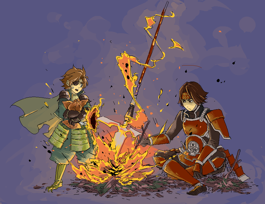 armor brown_hair campfire cooking date_masamune eyepatch fire male_focus polearm sanada_yukimura_(sengoku_musou) sengoku_musou spear swept_bangs weapon