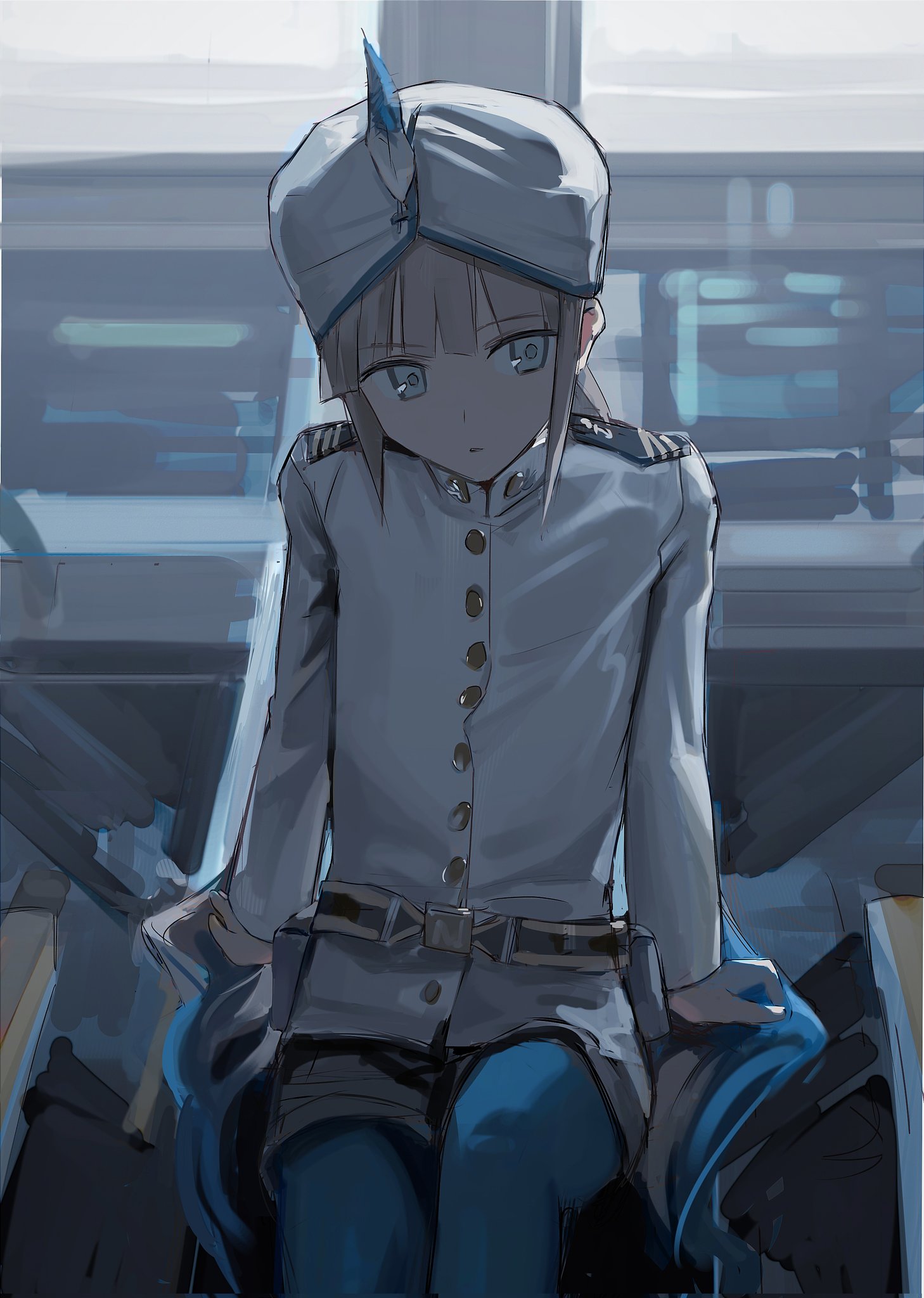 1boy androgynous blue_hair blue_pantyhose captain_nemo_(fate) captain_nemo_(first_ascension)_(fate) fate/grand_order fate_(series) goose_s_letter hat hat_feather highres jacket long_hair long_sleeves male_focus military_jacket military_uniform multicolored_hair naval_uniform nemo_(fate) pantyhose ship_interior shorts sitting turban white_jacket