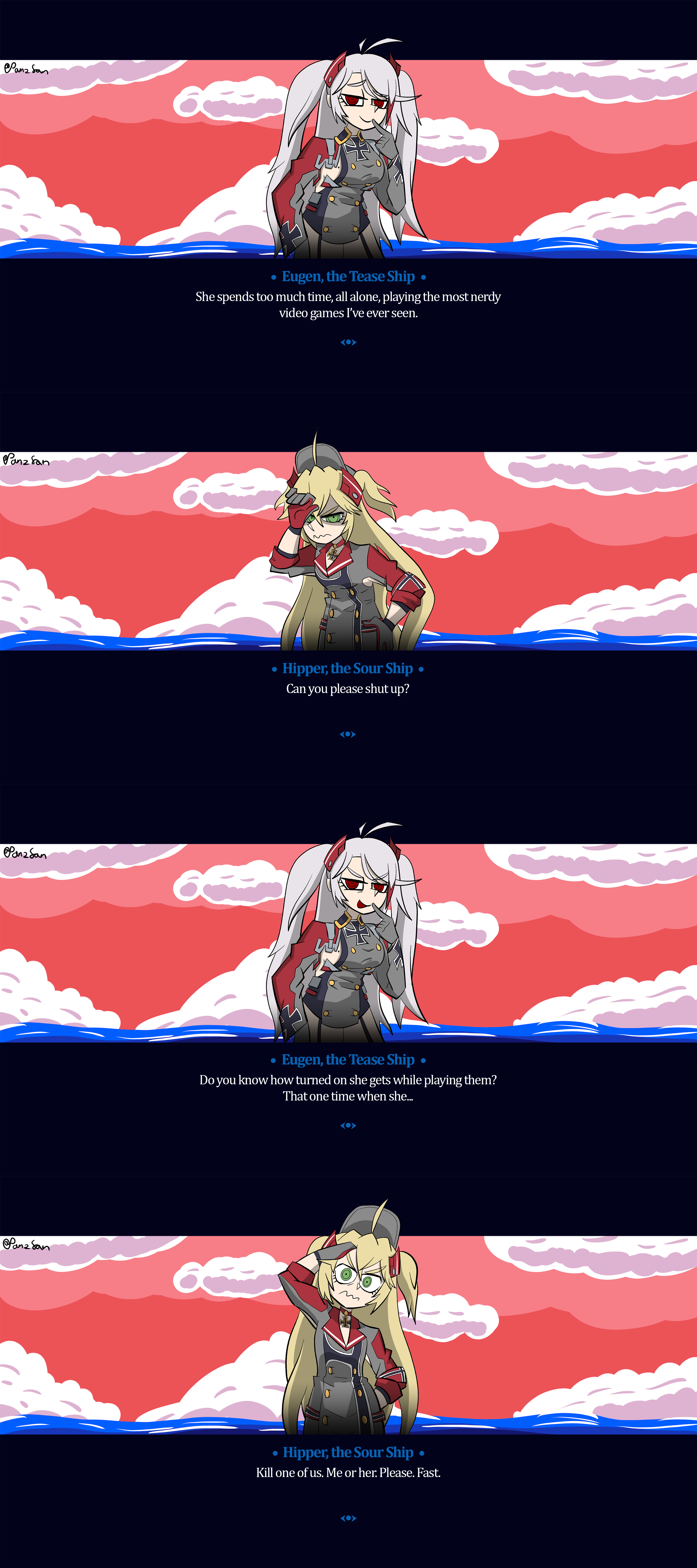 2girls absurdres admiral_hipper_(azur_lane) ahoge artist_name azur_lane blonde_hair closed_mouth cross english_text green_eyes helltaker highres iron_cross multicolored_hair multiple_girls panzsan parody prinz_eugen_(azur_lane) red_eyes red_hair red_sky shaded_face sky smug streaked_hair style_parody two_side_up vanripper_(style) white_hair