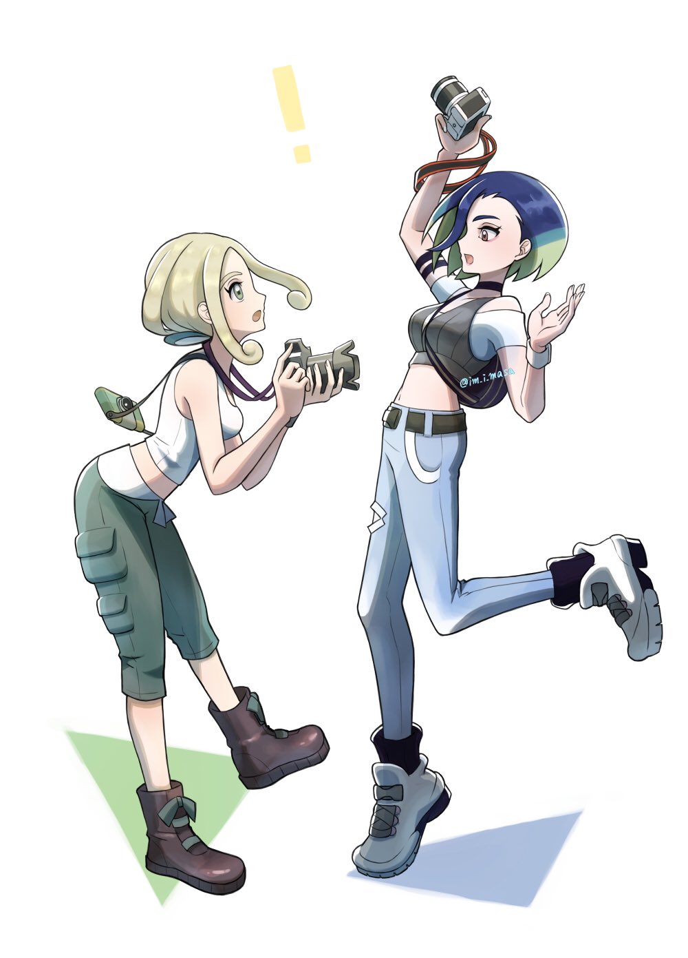 ! 2girls :o belt black_belt blonde_hair blue_hair boots brown_footwear camera capri_pants commentary_request denim eye_contact from_side green_eyes green_pants grey_vest highres holding holding_camera im_i_masa jeans leg_up looking_at_another multiple_girls navel nintendo off-shoulder_shirt off_shoulder open_mouth pants perrin_(pokemon) pokemon pokemon_sv pokemon_xy shirt sidelocks sleeveless sleeveless_shirt vest viola_(pokemon) white_background white_shirt wristband