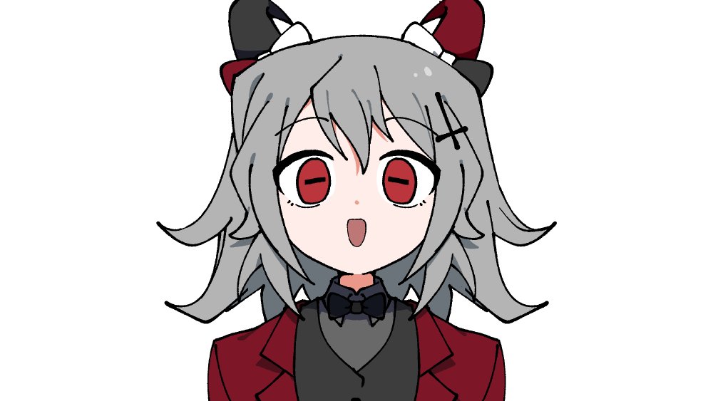 1girl asymmetrical_horns black_bow black_bowtie black_horns bow bowtie collared_shirt cross cross_hair_ornament demon_horns dot_nose double-parted_bangs formal_clothes grey_hair grey_jacket grey_shirt hair_between_eyes hair_ornament horizontal_pupils horn_bow horn_ornament horns inverted_cross jacket lapels looking_at_viewer medium_hair mismatched_horns notched_lapels odayaka open_clothes open_jacket open_mouth portrait red_bow red_eyes red_horns red_jacket second-party_source shirt simple_background solo straight-on suit suit_jacket tententengokujigokugoku_(aiobahn) two-tone_bow vest waistcoat white_background white_bow