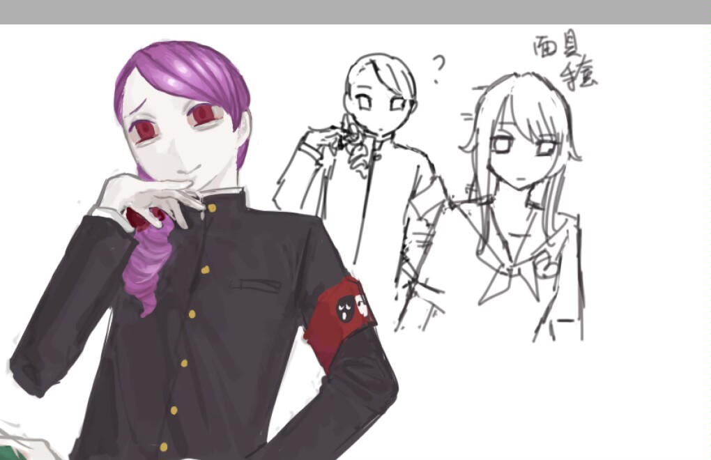 armband ayano_aishi painttool_sai_(medium) ponytail purple_hair red_armband red_eyes school_uniform sketch sketch_inset smile tsuruzo_yamazaki upper_body wuwuren yandere_simulator