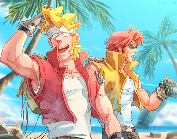 2boys backpack bag beach belt binoculars black_gloves blonde_hair collared_vest commentary crate dated_commentary gloves hand_on_another&#039;s_shoulder male_focus marco_rossi medium_hair metal_slug missile multiple_boys muscular muscular_male open_mouth outdoors palm_tree parachute pointy_nose red_hair red_vest sasisage shirt sideburns sleeveless sleeveless_shirt sunglasses tarma_roving taut_clothes taut_shirt teeth tree upper_body upper_teeth_only vest white_shirt yellow_vest
