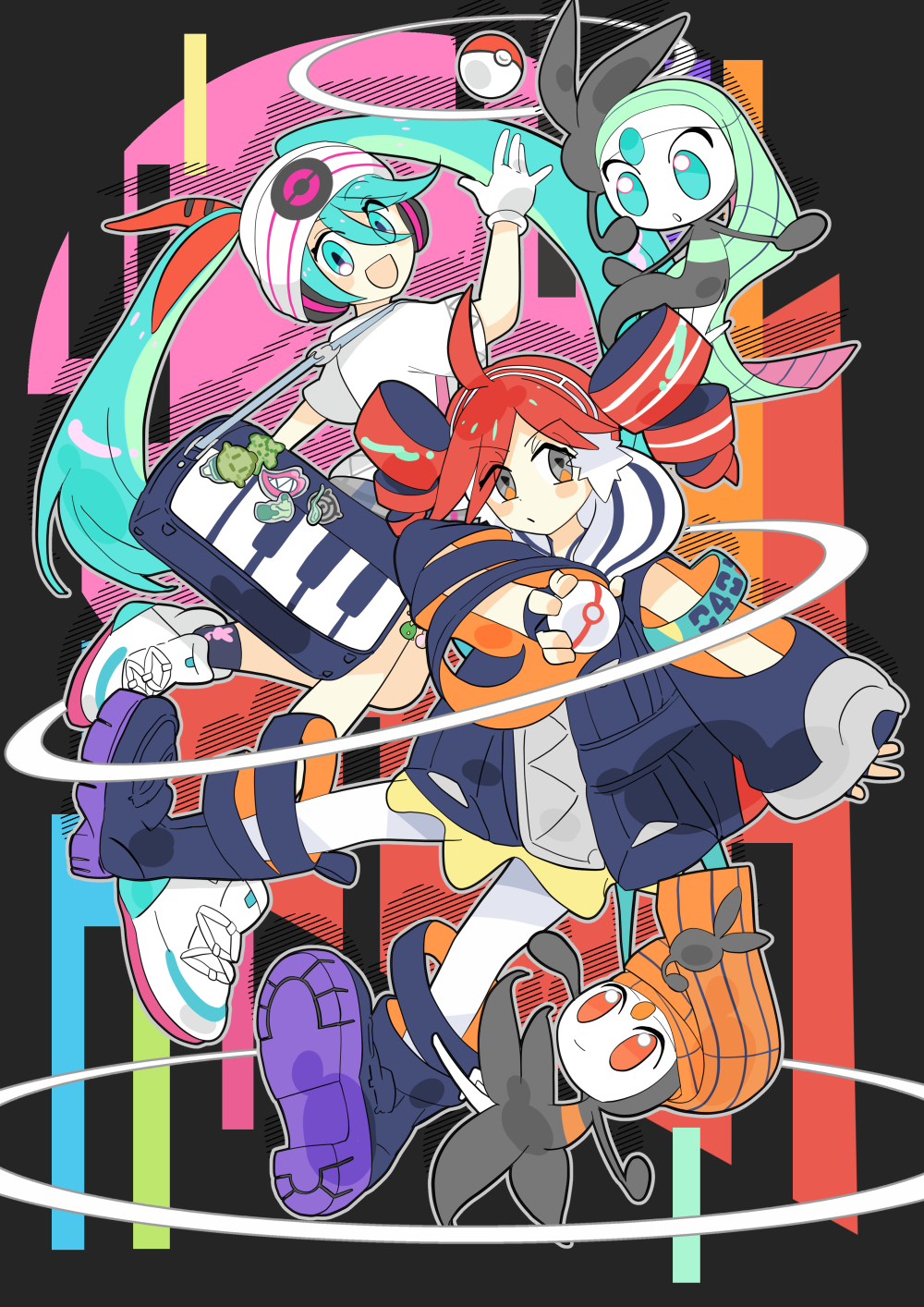 2girls 7:24 ahoge aqua_eyes arm_at_side bag birthday black_jacket black_shoes blush closed_mouth drill_hair fingerless_gloves full_body gen_5_pokemon gloves hair_between_eyes hat hatsune_miku highres holding holding_poke_ball jacket kasane_teto legendary_pokemon long_hair meloetta meloetta_(aria) meloetta_(pirouette) multiple_girls mythical_pokemon nintendo official_alternate_costume poke_ball pokemon pokemon_(creature) project_voltage red_eyes red_hair rival_teto_(project_voltage) shirt shoes shoulder_bag sneakers twin_drills twintails utau vocaloid white_gloves white_hat white_shirt white_shoes
