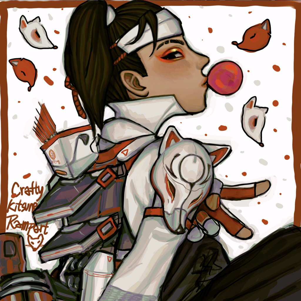 1girl apex_legends border brown_hair character_name chewing_gum chinese_commentary crafty_kitsune_rampart dark-skinned_female dark_skin eyeliner fingerless_gloves from_side gloves grey_gloves hair_behind_ear jacket looking_at_viewer makeup min_tian_zai_hua official_alternate_costume orange_eyeliner quiver rampart_(apex_legends) red_border side_ponytail solo v white_jacket