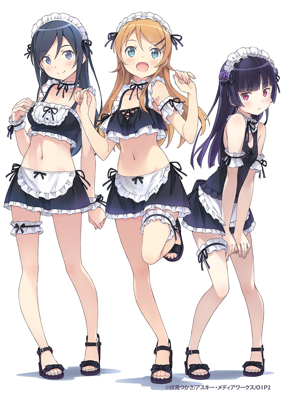 3girls alternate_costume apron aqua_eyes aragaki_ayase bare_shoulders black_hair blue_eyes blush closed_mouth collarbone dot_nose enmaided fang fingernails frilled_apron frills full_body gokou_ruri hair_ornament hairclip highres hime_cut kanzaki_hiro kousaka_kirino leg_lift long_fingernails long_hair long_legs looking_at_viewer maid maid_apron maid_day maid_headdress midriff mole mole_under_eye multiple_girls nail_polish navel official_art open_mouth orange_hair ore_no_imouto_ga_konna_ni_kawaii_wake_ga_nai sandals simple_background smile standing standing_on_one_leg thigh_strap toenail_polish toenails toes waist_apron white_apron