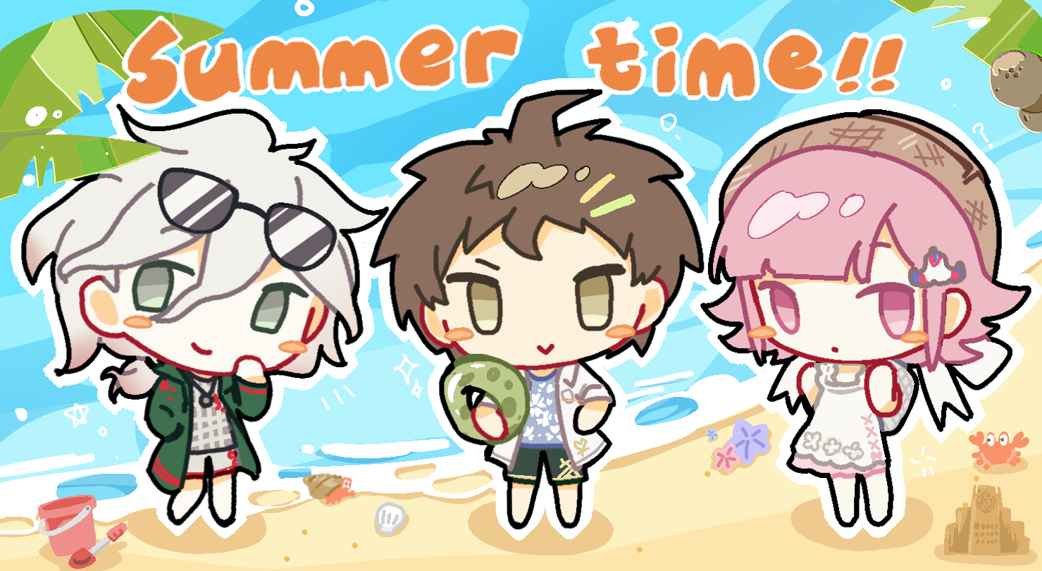 ahoge barefoot beach blue_shorts blush_stickers brown_hair brown_hat bucket chinese_commentary closed_mouth coat collared_shirt commentary_request crab cross-laced_clothes cross-laced_dress danganronpa_(series) danganronpa_2:_goodbye_despair dress expressionless eyewear_on_head green_coat green_eyes green_shorts grey_shirt grey_shorts hair_between_eyes hair_ornament hat hat_ribbon hermit_crab hinata_hajime holding holding_swim_ring hood hood_down hooded_coat hope's_peak_academy innertube komaeda_nagito medium_hair nanami_chiaki no_nose ocean open_clothes open_coat open_shirt outline pilice pink_eyes pink_hair ribbon sand sand_castle sand_sculpture seashell shell shirt short_hair short_sleeves shorts shovel sleeveless sleeveless_dress smile sunglasses swim_ring white_dress white_hair white_outline white_ribbon white_shirt