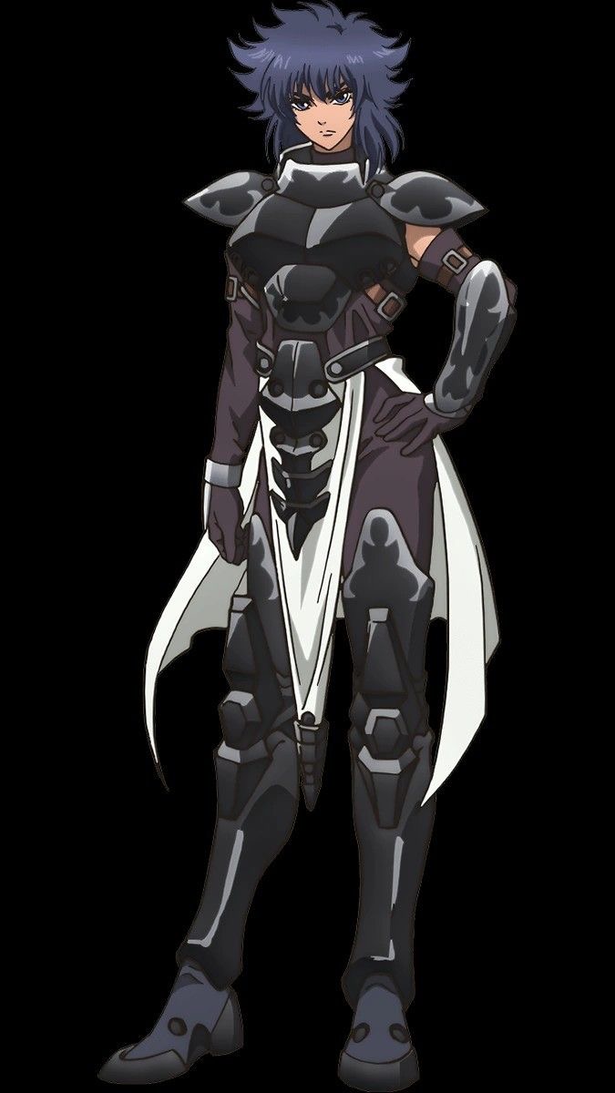 armor bastard!! black_armor blue_eyes blue_hair cloak full_body hand_on_own_hip kai_harn white_cloak
