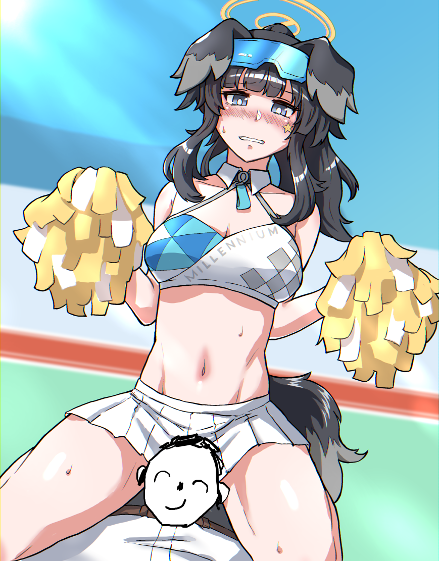 1boy 1girl blue_archive cheerleader hibiki_(blue_archive) hibiki_(cheer_squad)_(blue_archive) millennium_cheerleader_outfit_(blue_archive) navel niceratus_kiotensis pom_pom_(cheerleading) sensei_(blue_archive) sitting sitting_on_person