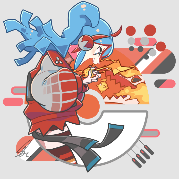 1girl black_sclera blue_eyes blue_hair colored_sclera crocodilian fangs fire fire_bird_(skeledirge) fire_miku_(project_voltage) gloves grey_background hatsune_miku headphones jacket long_hair multicolored_hair nintendo open_mouth pokemon pokemon_(creature) project_voltage puffy_sleeves red_hair red_jacket saihate_(d3) short_sleeves signature skeledirge skin_fangs teeth twintails two-tone_hair vocaloid yellow_eyes