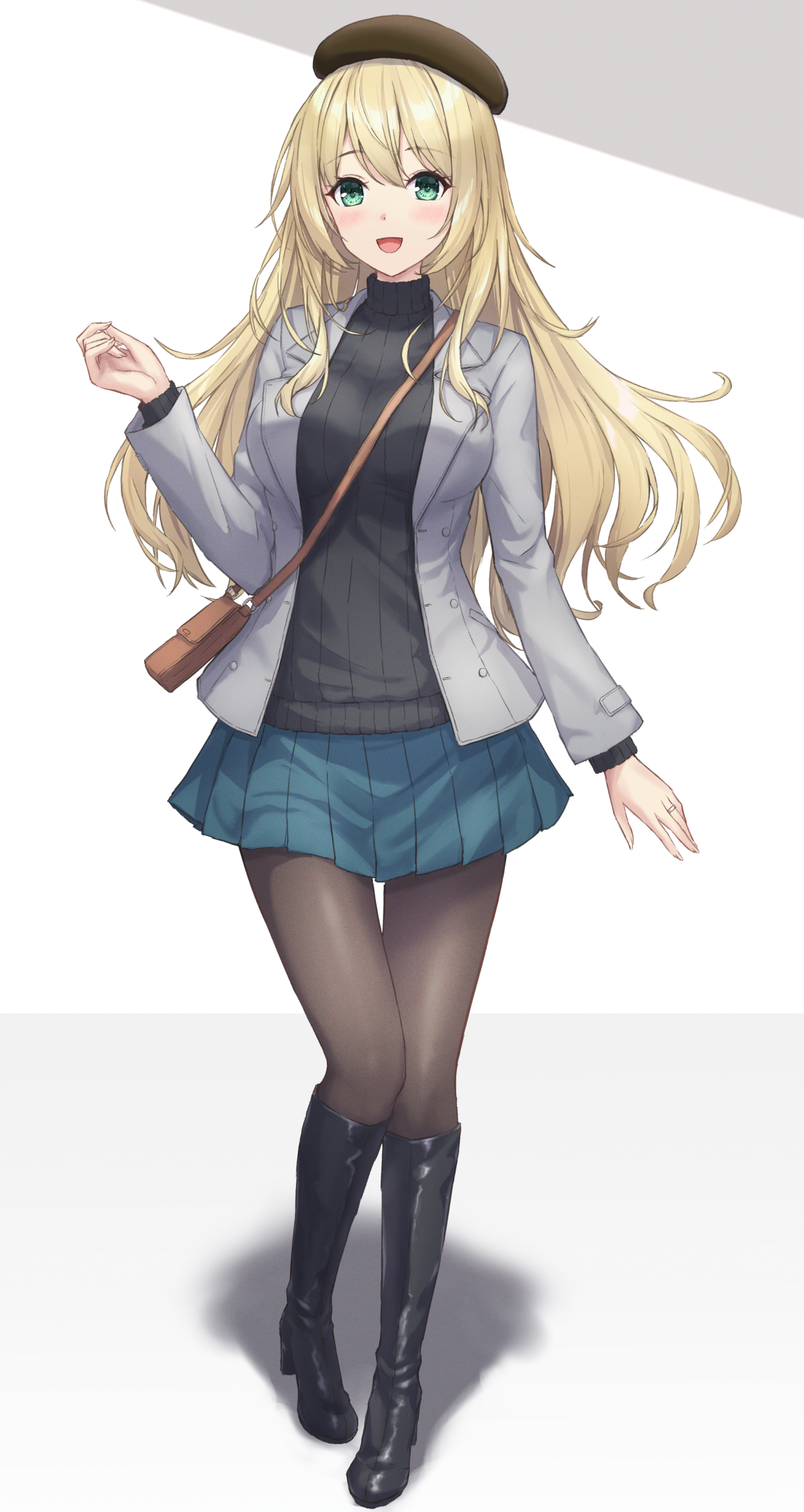 1girl absurdres alternate_costume atago_(kancolle) bag beret black_boots black_hat black_sweater blue_skirt boots brown_pantyhose commentary_request full_body grey_background grey_jacket hat highres jacket kantai_collection knee_boots long_sleeves monoku open_clothes open_jacket pantyhose pleated_skirt ribbed_sweater shadow shoulder_bag skirt solo standing sweater turtleneck turtleneck_sweater two-tone_background white_background