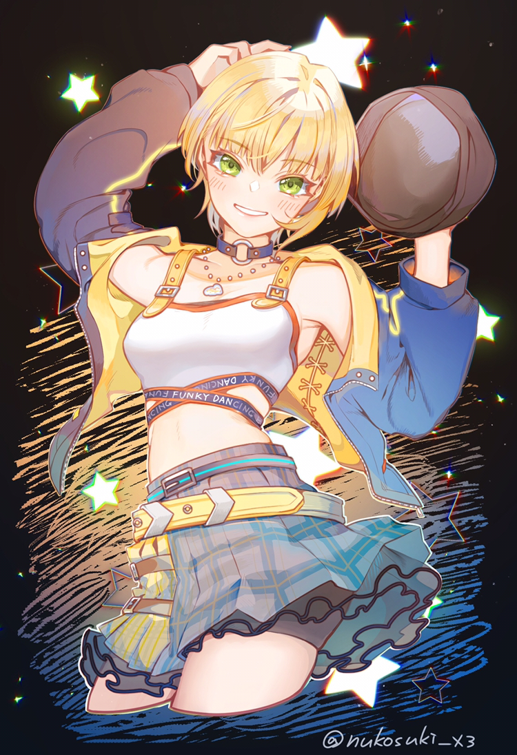 1girl arms_up asymmetrical_hair bare_shoulders belt black_background black_choker black_hat black_jacket blonde_hair blue_skirt blush breasts choker cowboy_shot crop_top cropped_legs eyelashes female_focus green_eyes grin hat holding holding_unworn_clothes holding_unworn_hat idolmaster idolmaster_cinderella_girls jacket jewelry koyo_akio lace_skirt layered_skirt looking_at_viewer midriff miyamoto_frederica multicolored_skirt multiple_belts necklace off_shoulder plaid_clothes plaid_skirt shirt short_hair single_sidelock skirt small_breasts smile solo star_(symbol) twitter_username two-tone_skirt unworn_hat unworn_headwear white_shirt yellow_belt yellow_skirt