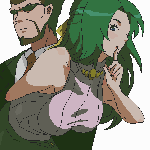 07th_expansion 1boy 1girl bare_shoulders beard breasts facial_hair finger_to_mouth formal_clothes green_hair higurashi_no_naku_koro_ni jewelry kasai_tatsuyoshi kon_(kdash) large_breasts long_hair looking_at_viewer lowres necklace necktie no_naku_koro_ni_(series) simple_background skirt sonozaki_shion suit sunglasses sweater_vest