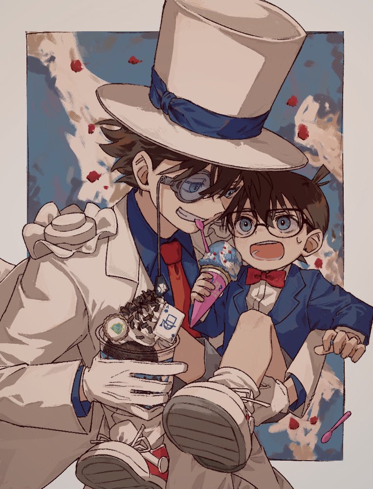 2boys baskin-robbins blue_eyes brown_hair child edogawa_conan food formal_clothes hat ice_cream kaitou_kid magic_kaito meitantei_conan monocle multiple_boys necktie socks suit sundae tomoja_rs top_hat white_socks