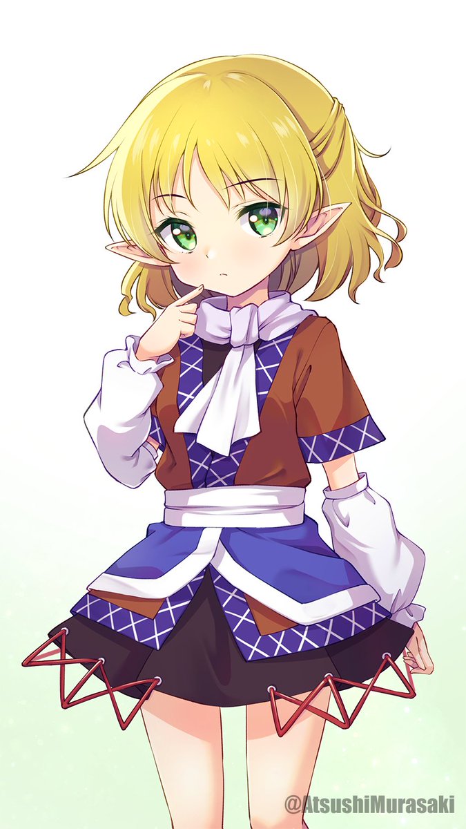 1girl arm_at_side arm_warmers black_skirt blonde_hair brown_shirt clip_studio_paint_(medium) closed_mouth cowboy_shot finger_to_cheek frills gradient_background green_background green_eyes hand_up highres looking_at_viewer making-of_available mizuhashi_parsee murasaki_atsushi pleated_skirt pointy_ears purple_shirt sash scarf shirt short_hair short_sleeves skirt solo standing touhou twitter_username two-tone_shirt watermark white_arm_warmers white_background white_sash white_scarf