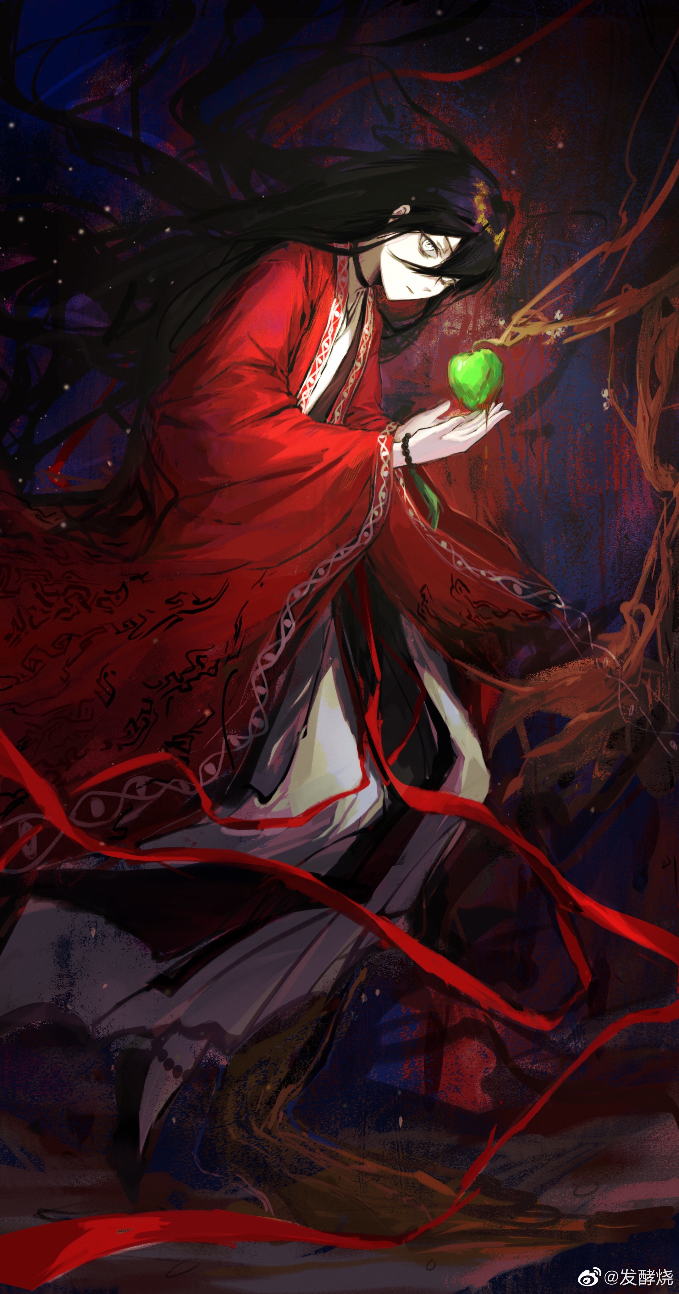 1boy absurdly_long_hair absurdres apple black_choker black_hair black_shoes branch chinese_clothes chinese_commentary choker closed_mouth coat dao_gui_yi_xian fajiaoshao floating floating_clothes floating_hair food from_side fruit full_body green_apple hair_between_eyes hanfu highres holding holding_food holding_fruit ji_zai li_huowang light_particles long_hair long_sleeves looking_at_viewer male_focus official_alternate_hair_length official_alternate_hairstyle profile red_coat red_ribbon ribbon robe shoes solo tree very_long_hair watermark weibo_watermark white_eyes white_hanfu wide_sleeves
