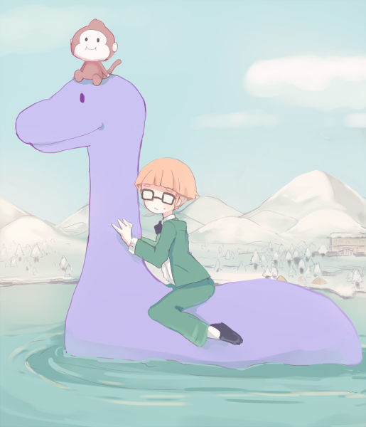 1boy black_footwear blue_sky bowl_cut bubble_monkey closed_mouth cloud from_side glasses green_jacket green_pants jacket jeff_andonuts karunabaru lake long_sleeves looking_at_viewer male_focus mother_(series) mother_2 nintendo outdoors pants riding shirt shoes short_hair sky socks sweatdrop tessie_(mother_2) white_shirt white_socks winter