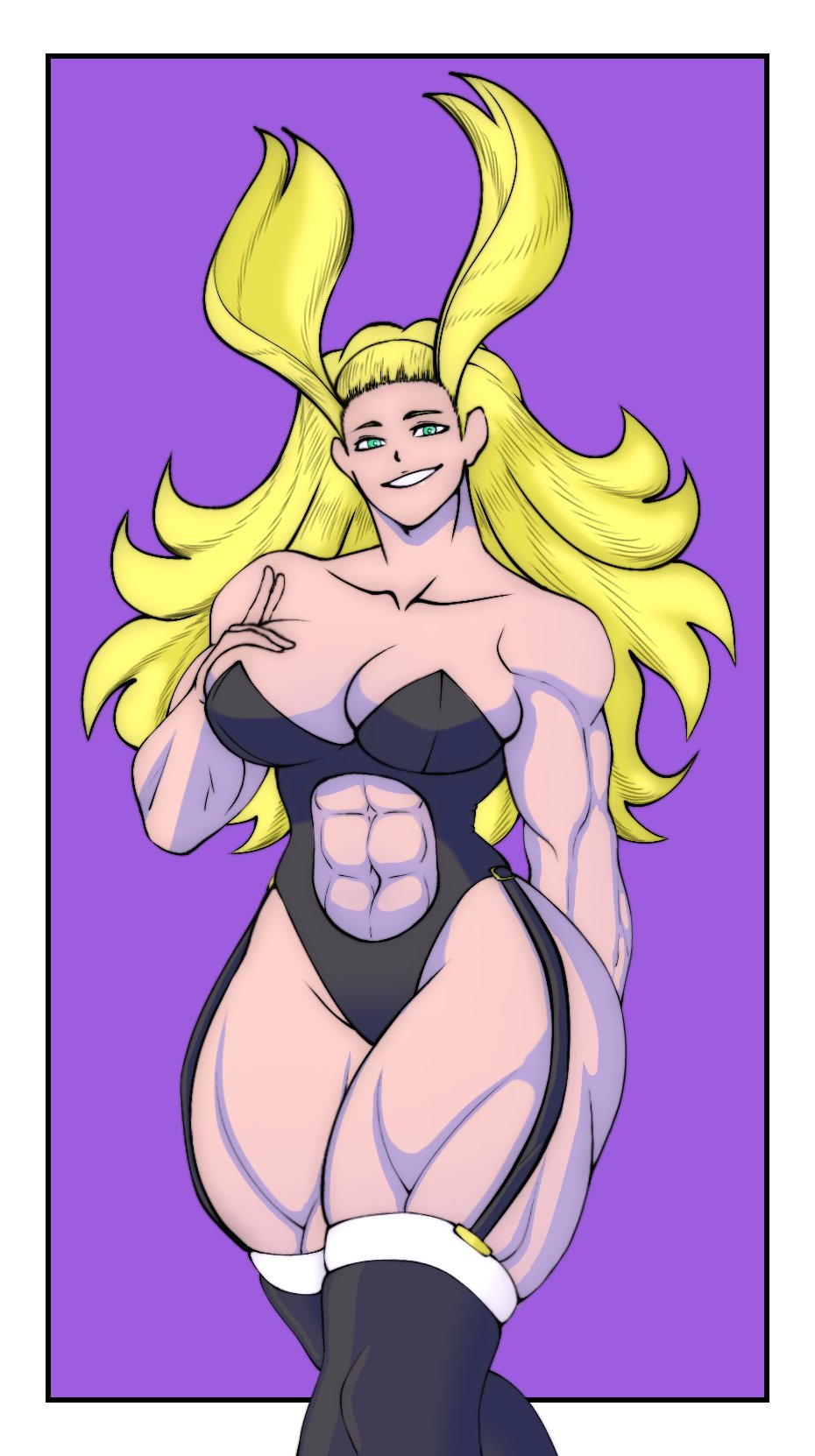 1girl abs black_leotard black_thighhighs blonde_hair boku_no_hero_academia breasts clothing_cutout flag_print green_eyes hensket highres large_breasts leotard long_hair looking_at_viewer muscular muscular_female playboy_bunny purple_background smile solo star_and_stripe_(boku_no_hero_academia) stomach_cutout strapless strapless_leotard thick_thighs thighhighs thighs wide_hips