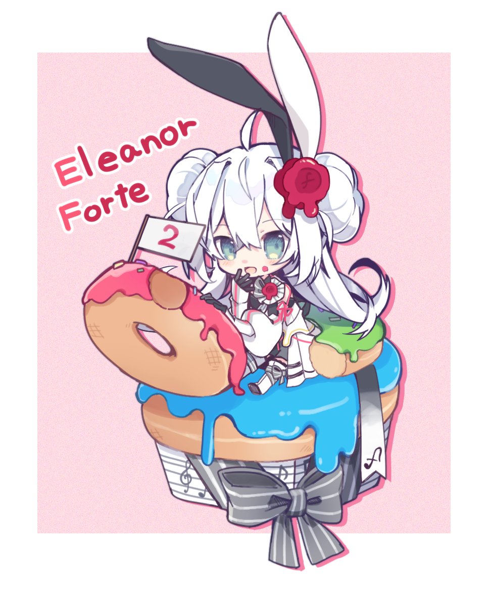 1girl animal_ears anniversary aqua_eyes bow bowtie character_name chibi chuuko_anpu double_bun donut dress eighth_note eleanor_forte flag food food_on_face forte_(symbol) grey_bow hair_bun icing looking_at_viewer musical_note pink_background rabbit_ears sitting solo musical_staff striped_bow synthesizer_v treble_clef twintails wax_seal_hair_ornament white_dress white_hair