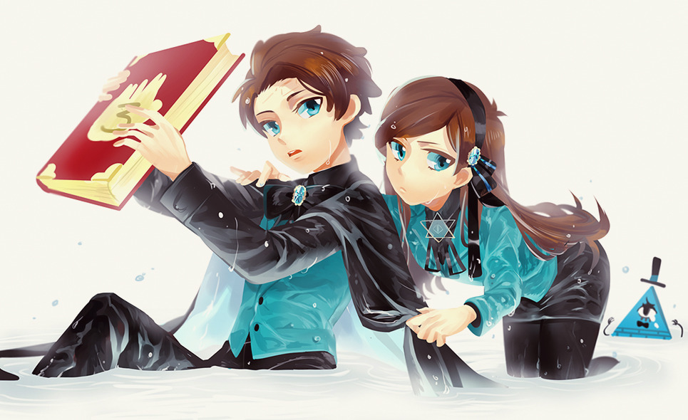 1boy 1girl aqua_eyes aqua_vest ascot bill_cipher brooch brother_and_sister brown_hair cape collared_shirt dark_persona dipper_gleeful dipper_pines facial_mark forehead_mark formal_clothes gem gravity_falls hair_ornament hairband jewelry long_hair mabel_gleeful mabel_pines pentagram shirt short_hair siblings swept_bangs twins vest water wet wet_clothes will_cipher