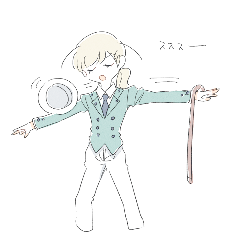 1girl alternate_costume aqua_jacket arne_no_jikenbo blazer blonde_hair blue_necktie bowler_hat buttons cane closed_eyes collared_jacket collared_shirt commentary commentary_request cropped_legs crossdressing dress_pants english_commentary eyelashes formal_clothes hair_ornament hairclip hat jacket lapels layered_sleeves long_hair long_sleeves lynn_reinweiss mixed-language_commentary motion_lines necktie notched_lapels open_mouth outstretched_arms pants ponytail shirt shuntaro_(tya_nya0000) simple_background solo speed_lines unworn_hat unworn_headwear white_background white_hat white_pants white_shirt x_hair_ornament