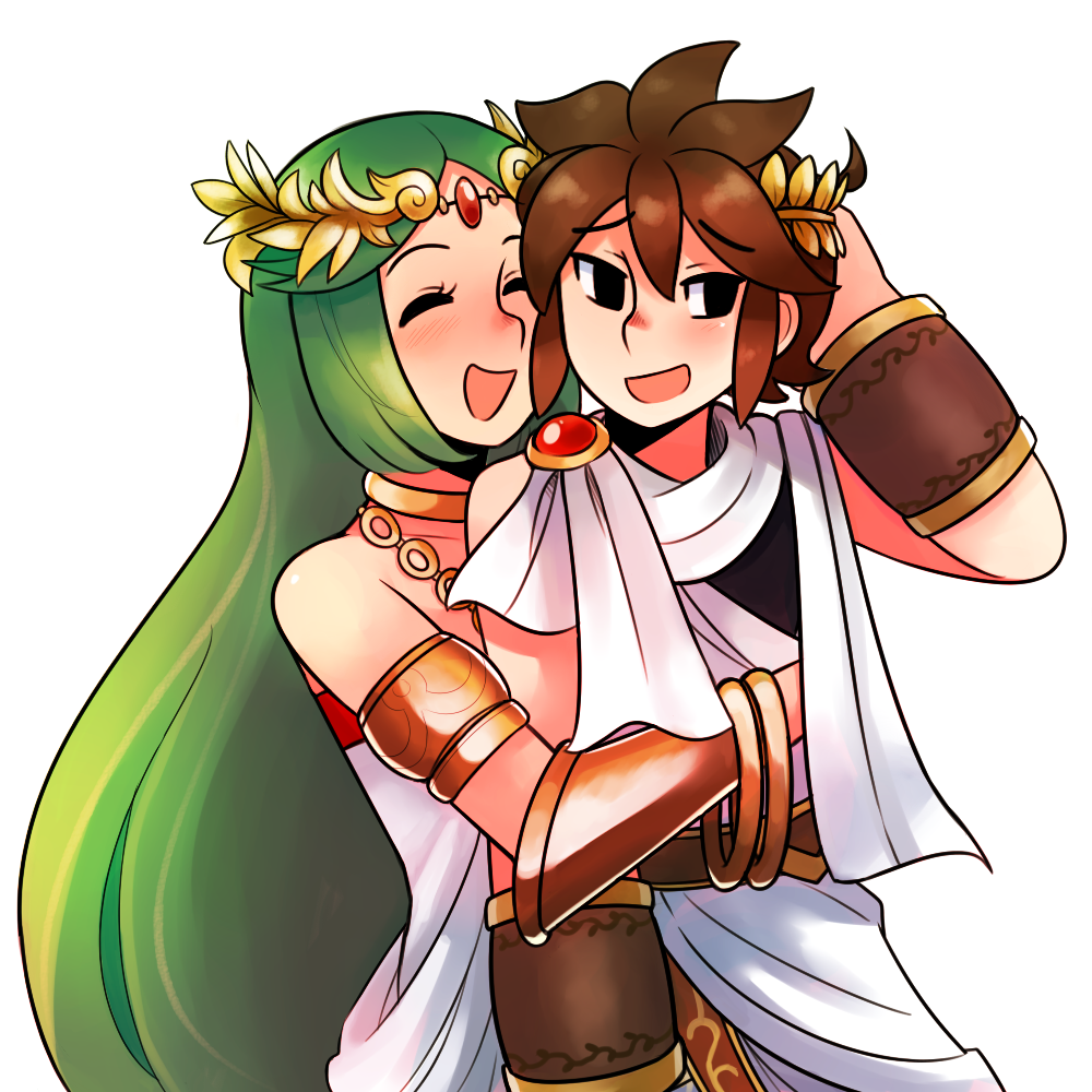 1boy 1girl ahoge arm_behind_head blush brown_hair chain closed_eyes diadem gold_chain hug kid_icarus kid_icarus_uprising laurel_crown long_hair looking_to_the_side nintendo palutena pie_(aipiepo) pit_(kid_icarus) simple_background smile very_long_hair white_background