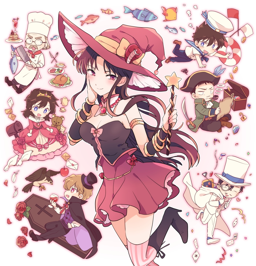 2girls 5boys akiyoshi_(tama-pete) apple bird black_cape black_hair blonde_hair blue_eyes blunt_bangs boots bracelet breasts bright_pupils brown_hair cape card cat chef chef_hat chibi cleavage closed_eyes cobra_(animal) coffin commentary_request confetti cross cup dress envelope facial_hair fang father_and_daughter father_and_son fish flower food formal_clothes fruit gem glasses gold_armlet gold_bracelet grey_hair hakuba_saguru hand_on_own_cheek hand_on_own_face hat high_heel_boots high_heels holding holding_cup holding_knife holding_wand jewelry jii_kounosuke kaitou_kid knife koizumi_akako kuroba_kaito kuroba_touichi leg_up letter long_hair looking_at_animal love_letter magic_kaito mailbox_(incoming_mail) medium_breasts meitantei_conan monocle monocle_chain multiple_boys multiple_bracelets multiple_girls mustache nakamori_aoko nakamori_ginzo necktie open_mouth pancake pancake_stack parted_bangs phantom_thief pink_dress pink_eyes pink_necktie pink_skirt pipe_in_mouth pirate pirate_hat playing_card princess reading rose round_eyewear sailor sailor_collar sailor_hat sailor_shirt shirt short_hair skirt smoking_pipe star_wand strapless striped_clothes striped_thighhighs stuffed_animal stuffed_toy suit teacup tears tears_from_one_eye teddy_bear thighhighs tiara top_hat treasure treasure_chest vampire vertical-striped_clothes vertical-striped_thighhighs wand white_background white_cape white_pupils witch witch_hat