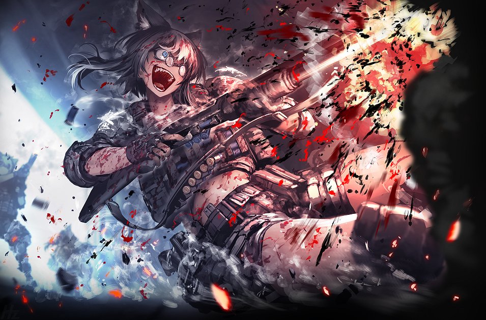 1girl 1other animal_ears black_hair blood blood_splatter blue_eyes commission crazy_eyes dated_commentary dutch_angle feet_out_of_frame fingerless_gloves firing glasses gloves gun handgun hetza_(hellshock) holstered jacket long_hair navel one_eye_covered open_mouth original scratches shorts shotgun shotgun_shell skeb_commission smile solo_focus weapon
